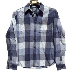 GAP 1969 Mens Blue Check Work Plaid‎ Long Sleeve Flannel Shirt Button Up Small S
